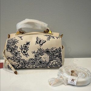 Cream Floral Print Top-Handle Bag with Gold Accents